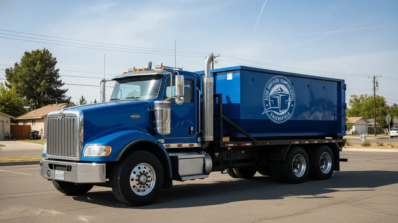 California disposal rules and dumpster loading Kern Brothers roll-off dumpster staged in the yard for proper disposal in Bakersfield, CA