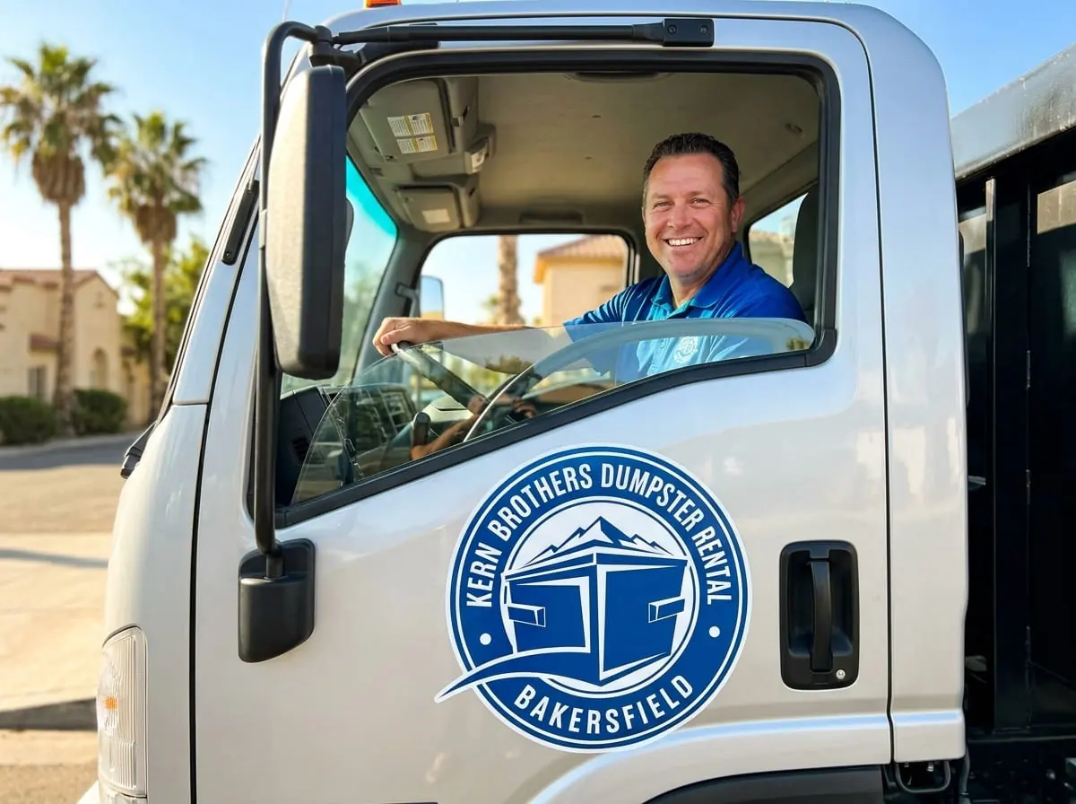 Our dumpster rental process in Bakersfield Kern Brothers driver in a delivery truck cab serving a Bakersfield, CA property