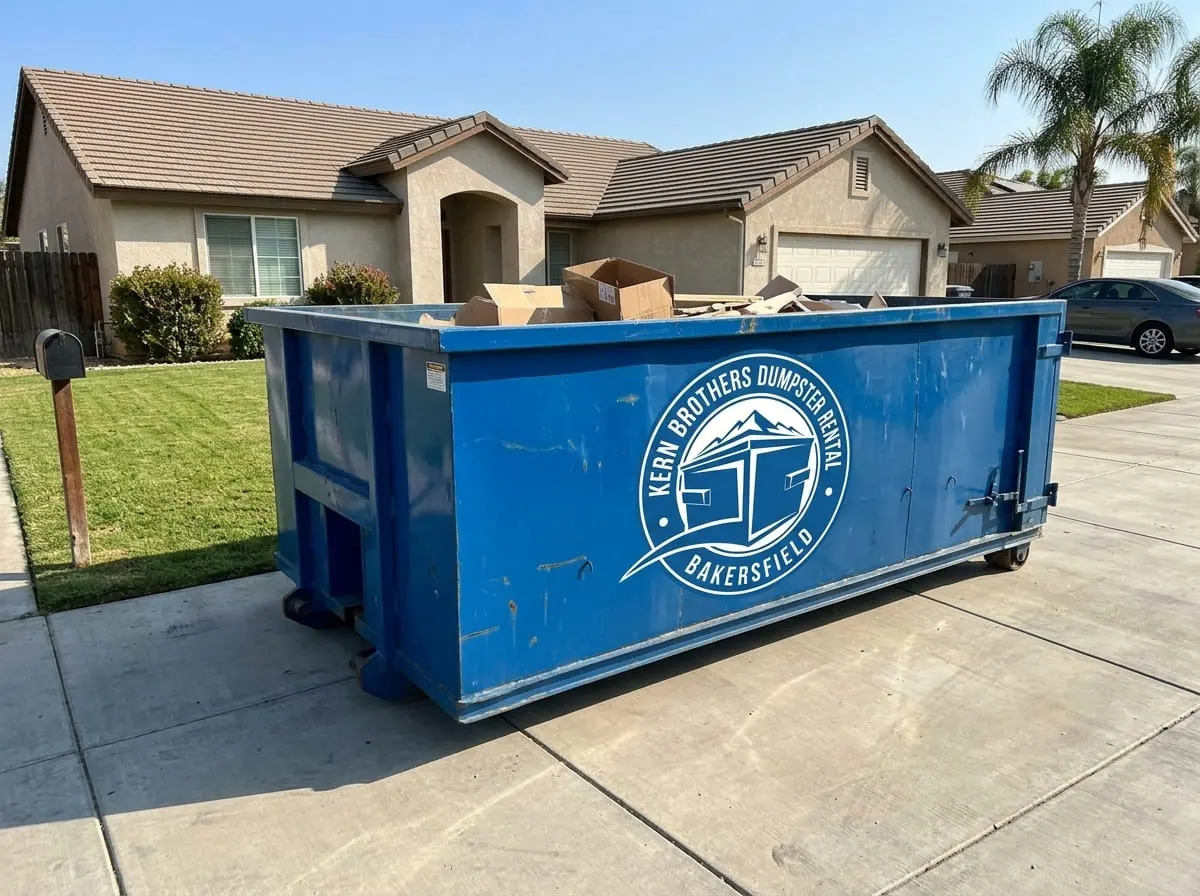 Local dumpster rental in Bakersfield Kern Brothers Dumpster Rental Bakersfield roll-off dumpster delivered to a residential driveway in Bakersfield, CA